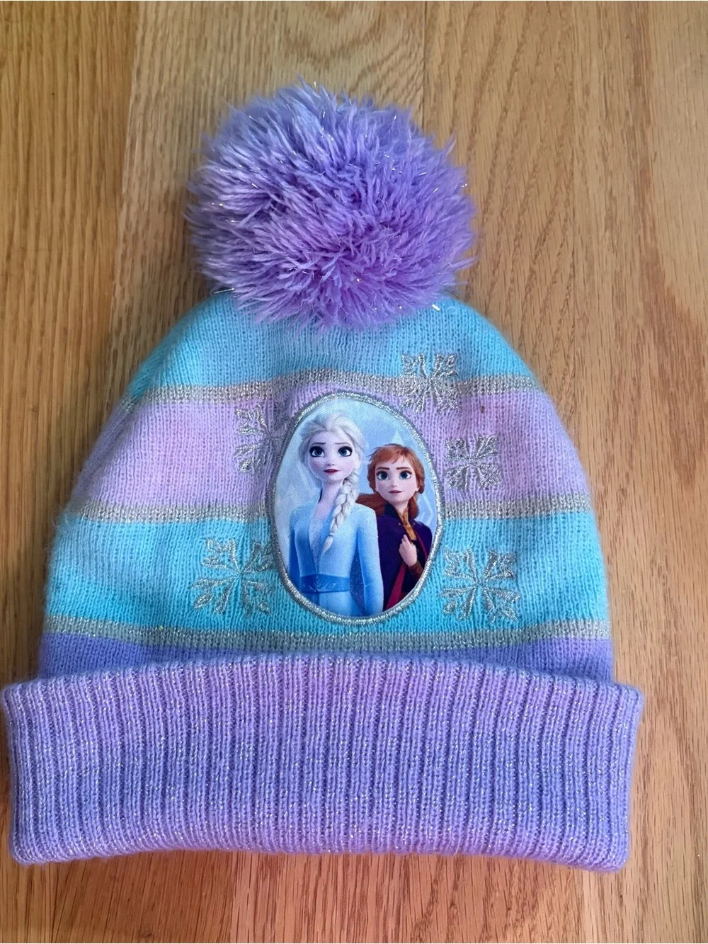 Disney Frozen Elsa Pom Pom Beanie Hat Cap Knit Winter Purple Blue